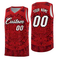 Crimson Red Aztec Sun Stone Graffiti Basketball Jersey 1