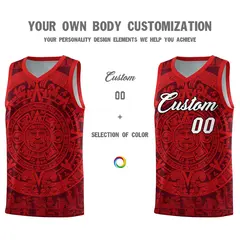 Crimson Red Aztec Sun Stone Graffiti Basketball Jersey 3