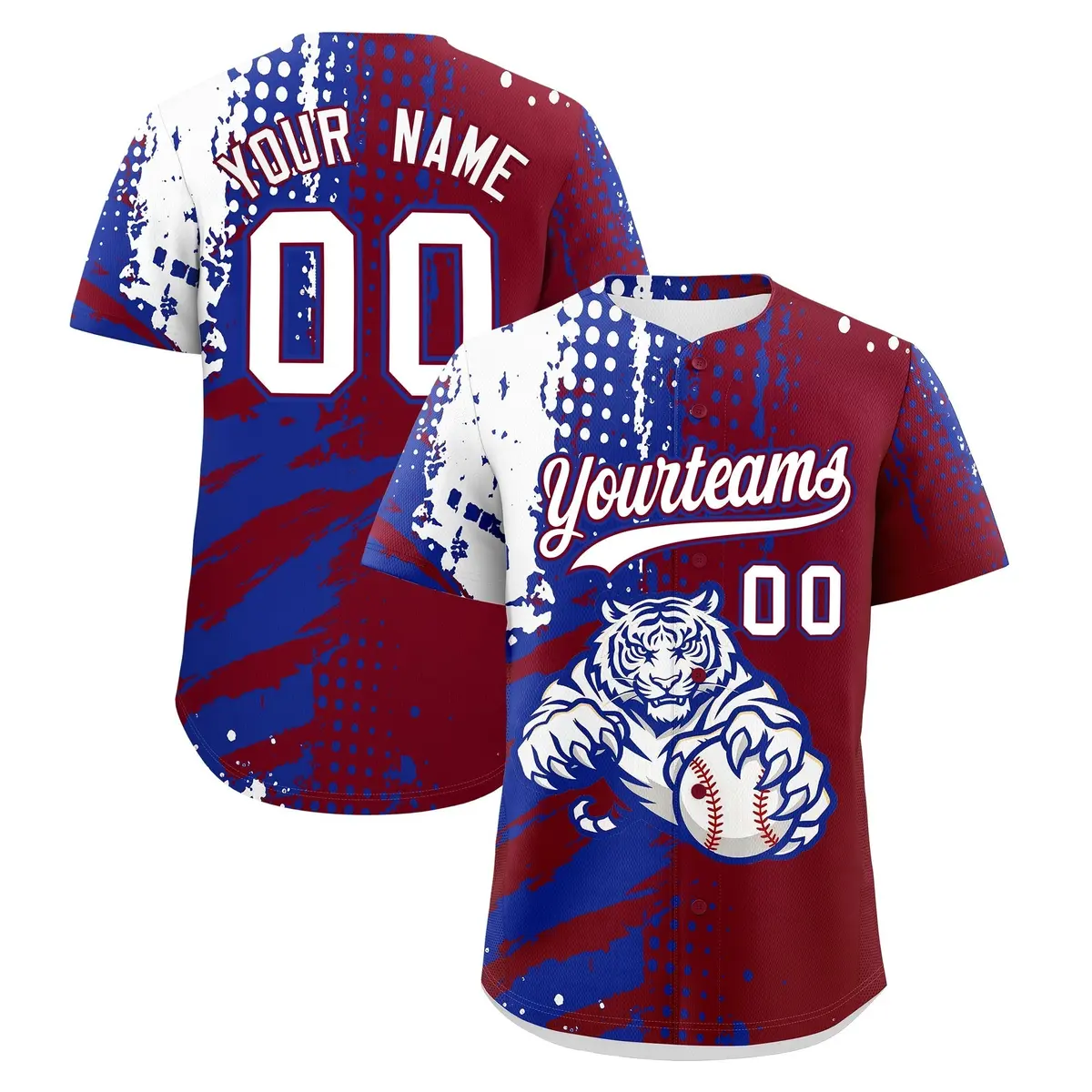 Crimson Royal Blue White Full-Snap Tiger Graffiti Baseball Jersey