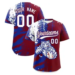 Crimson Royal Blue White Full-Snap Tiger Graffiti Baseball Jersey