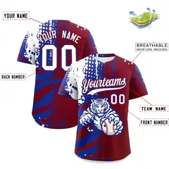 Crimson Royal Blue White Full-Snap Tiger Graffiti Baseball Jersey 2