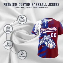 Crimson Royal Blue White Full-Snap Tiger Graffiti Baseball Jersey 3