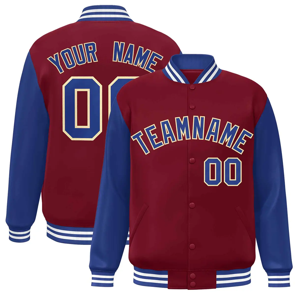 Crimson Royal-Khaki Raglan Varsity Full-Snap Letterman Jacket