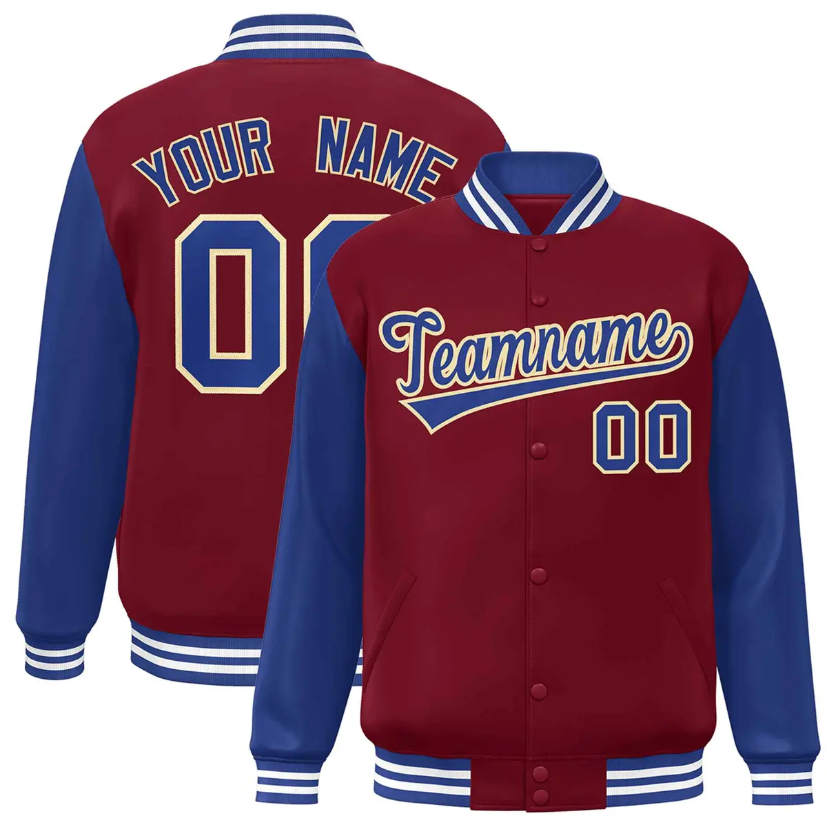 Crimson Royal-Khaki Raglan Varsity Full-Snap Letterman Jacket