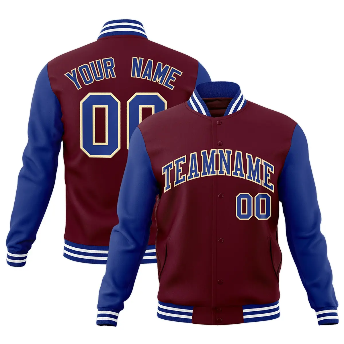 Crimson Royal-Khaki Raglan Varsity Full-Snap Letterman Jacket