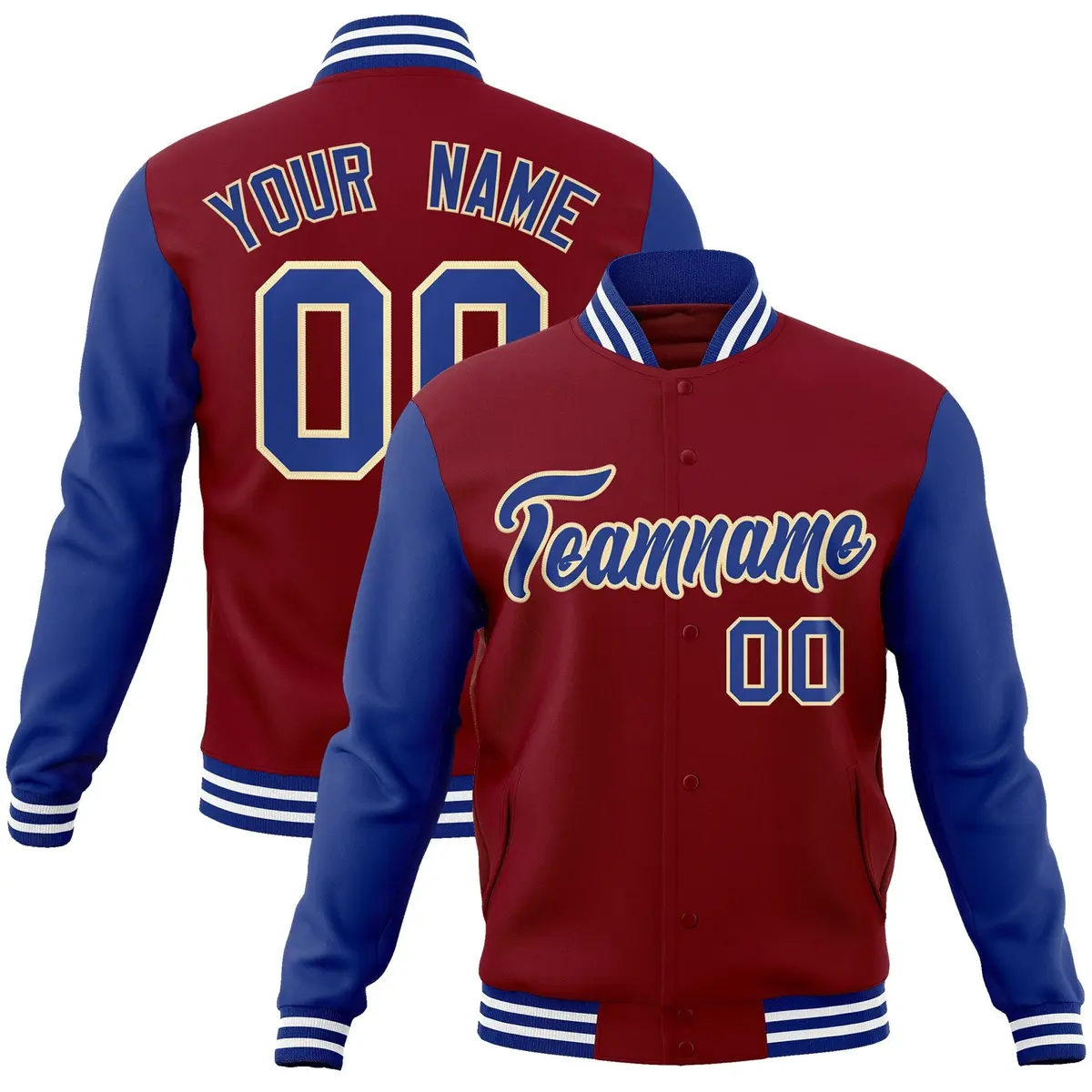 Crimson Royal-Khaki Raglan Varsity Full-Snap Letterman Jacket
