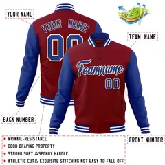 Crimson Royal-Khaki Raglan Varsity Full-Snap Letterman Jacket 4