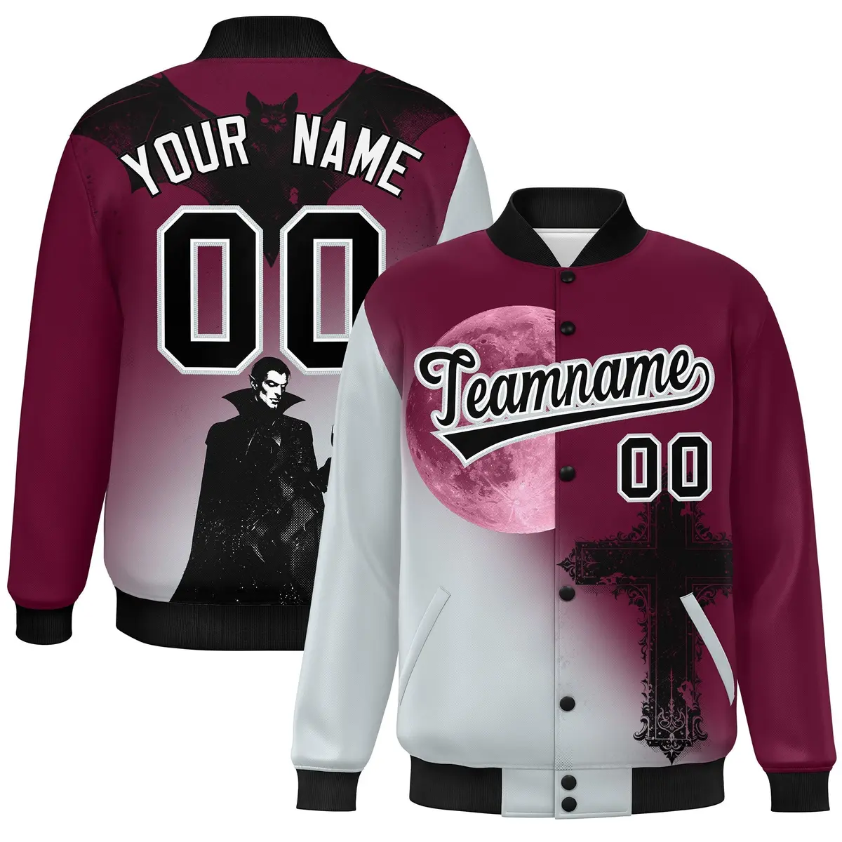 Crimson Silver Black Halloween Skeleton Graffiti Varsity Jacket