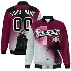 Crimson Silver Black Halloween Skeleton Graffiti Varsity Jacket