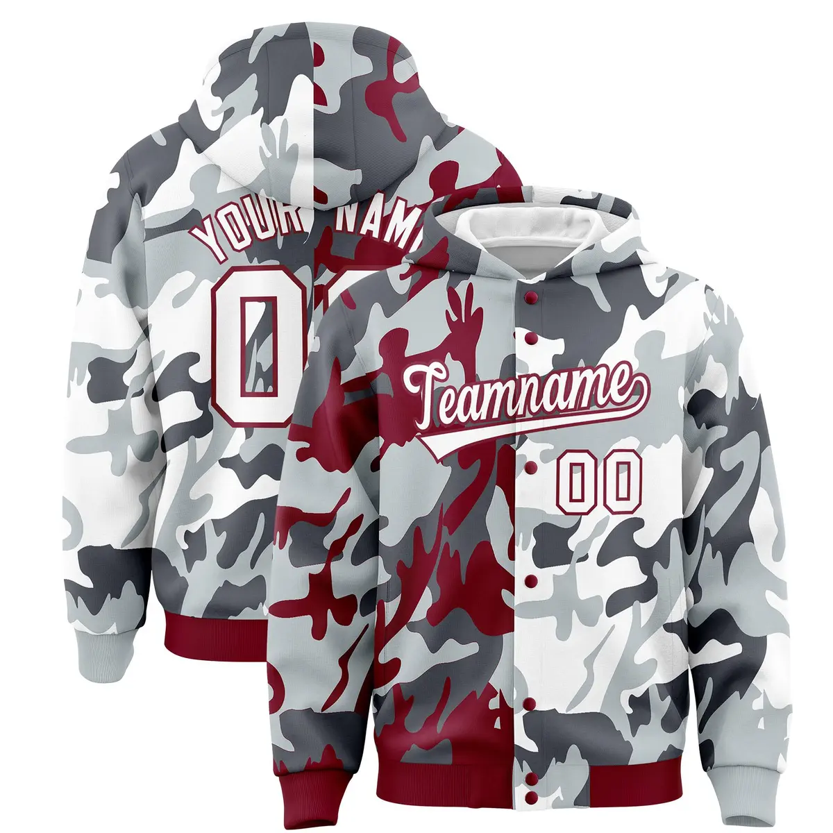 Crimson Silver Two Tone Full-Snap Varsity Letterman Jacket Hoodie