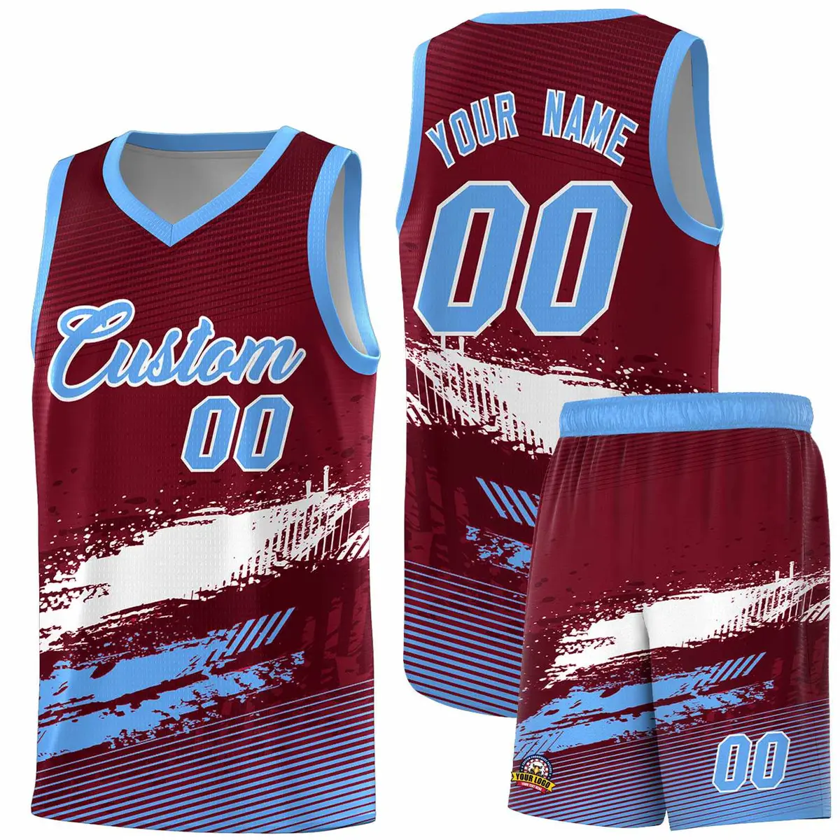Crimson White and Powder Blue Graffiti Basketball Jersey