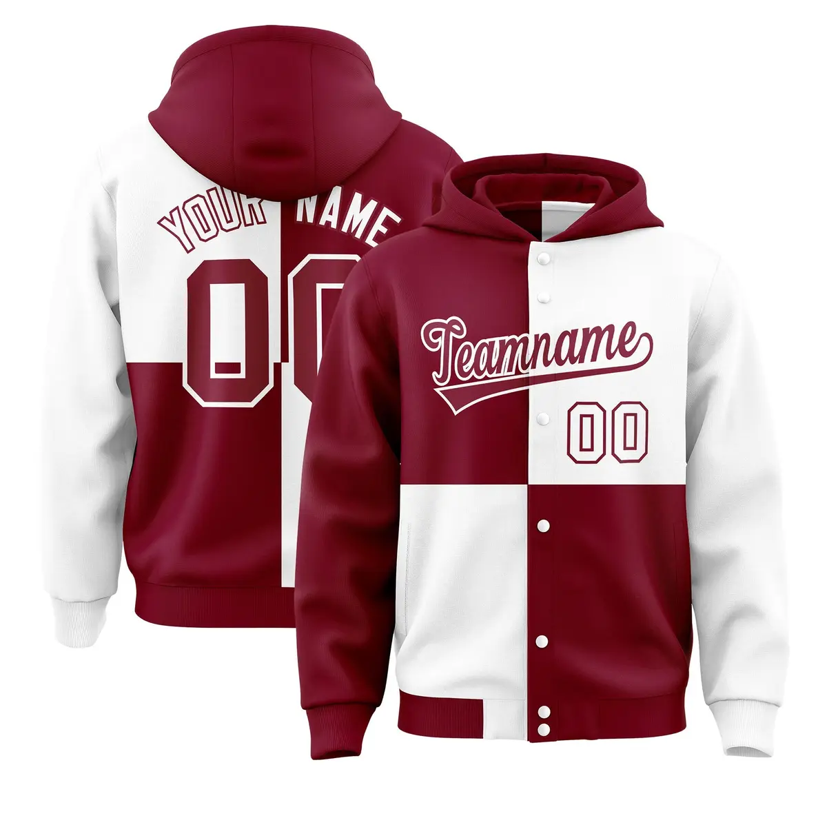 Crimson White Four Squares Color Block Varsity Letterman Jacket Hoodie