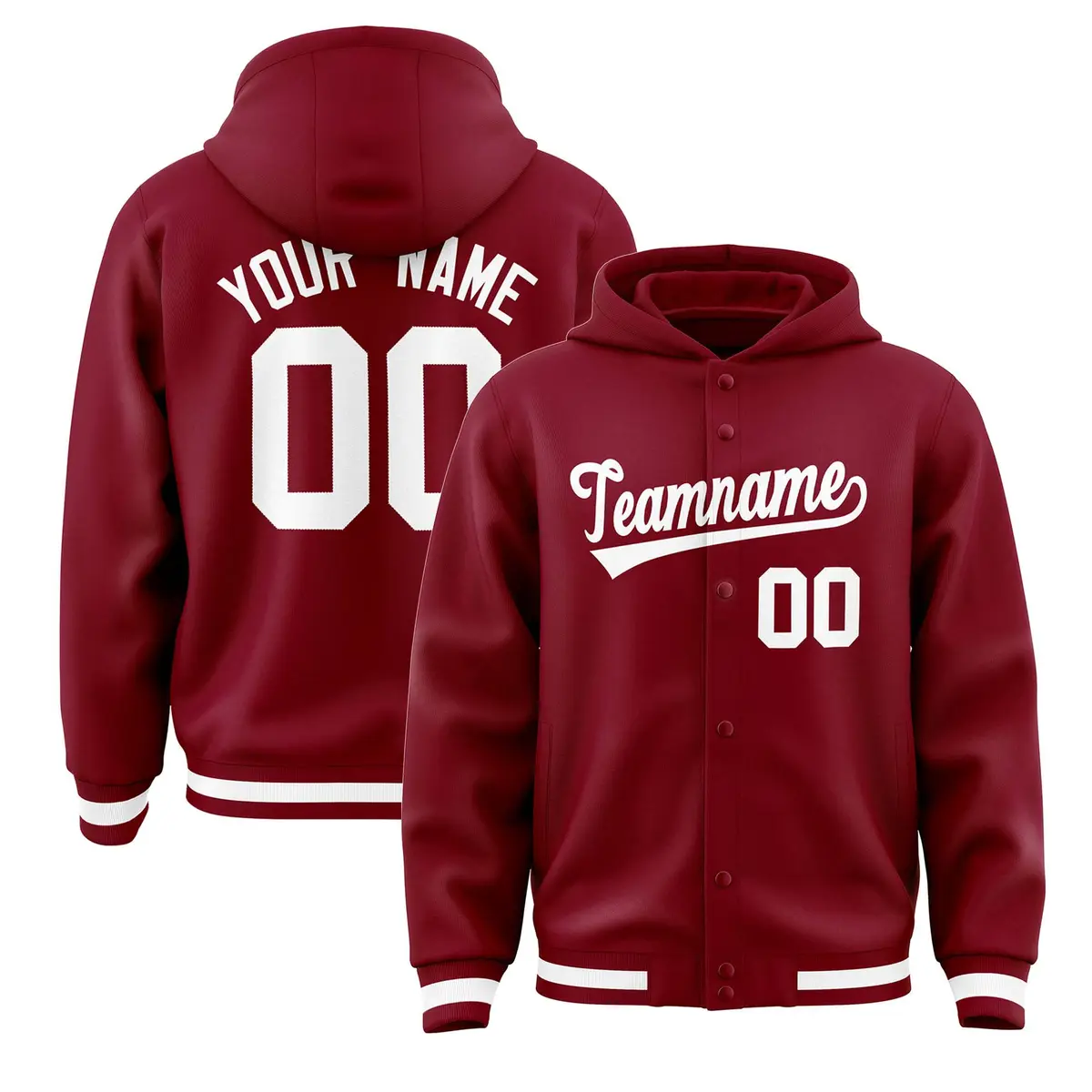 Crimson White Full-Snap Varsity Letterman Jacket Hoodie