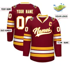 Crimson White-Gold Classic Style Hockey Jersey 2