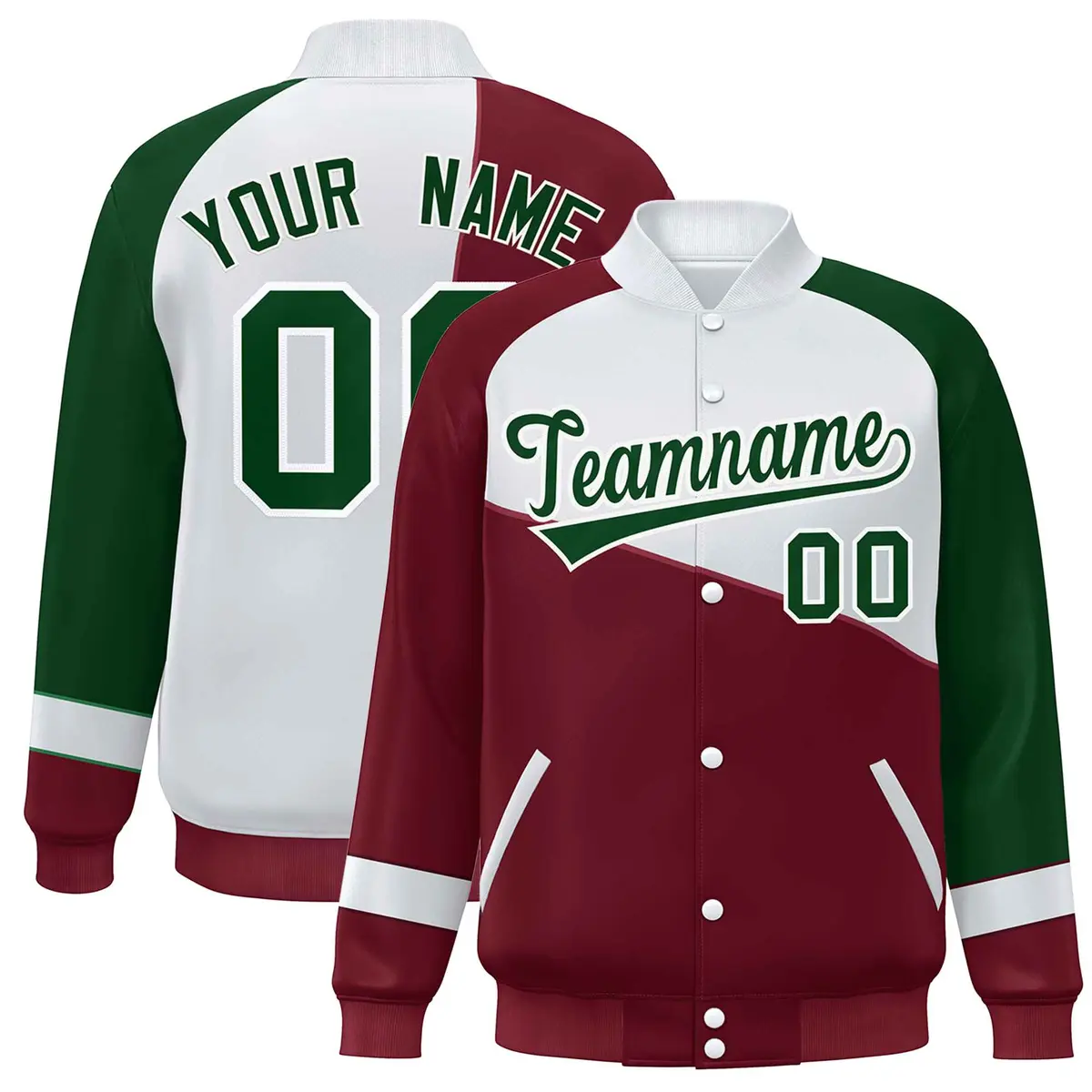 Crimson White-Green Color Block Varsity Full-Snap Baseball Jacket