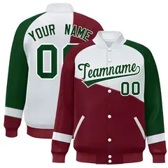 Crimson White-Green Color Block Varsity Full-Snap Baseball Jacket