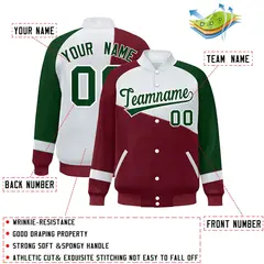 Crimson White-Green Color Block Varsity Full-Snap Baseball Jacket 2