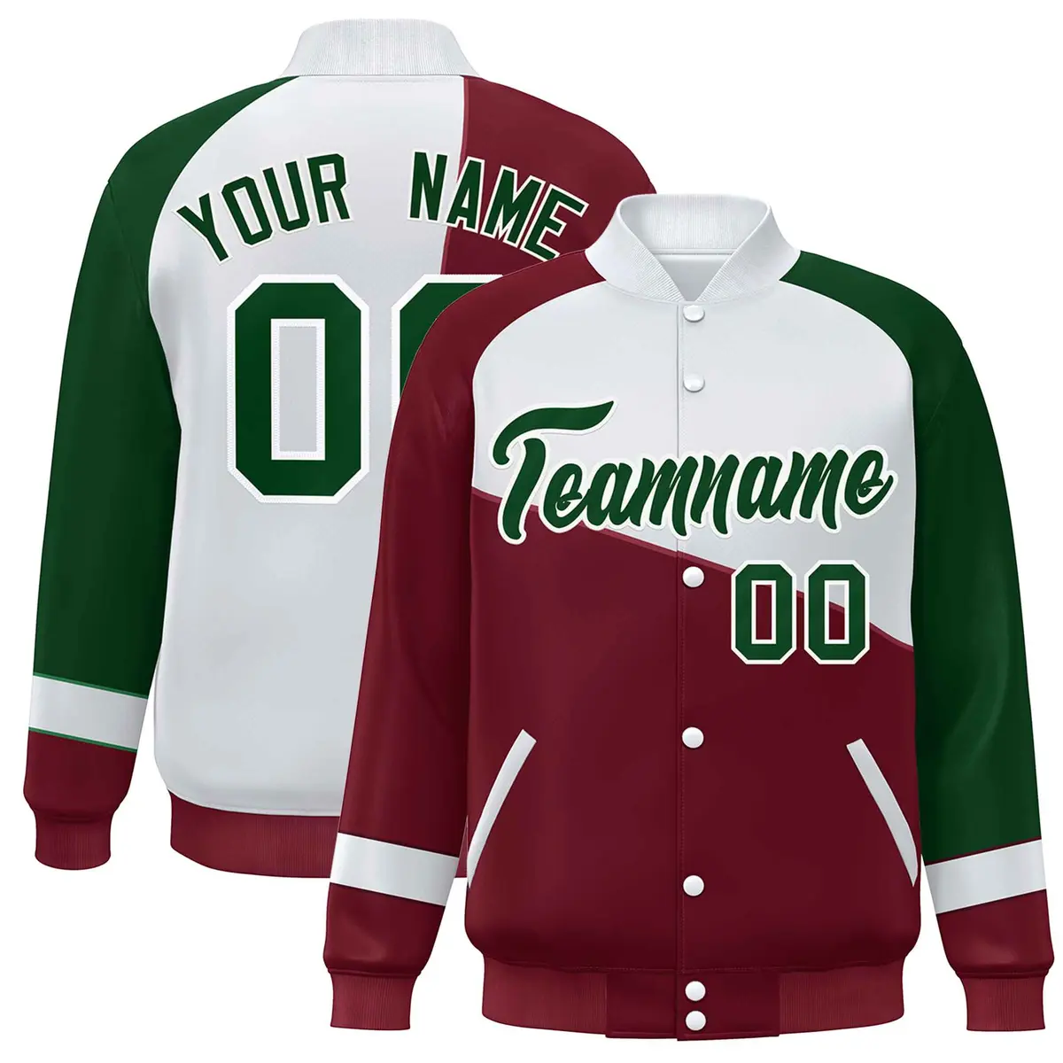 Crimson White-Green Color Block Varsity Full-Snap Baseball Jacket
