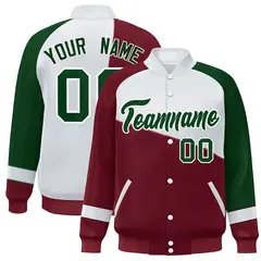 Crimson White-Green Color Block Varsity Full-Snap Baseball Jacket 1