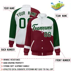 Crimson White-Green Color Block Varsity Full-Snap Baseball Jacket 2