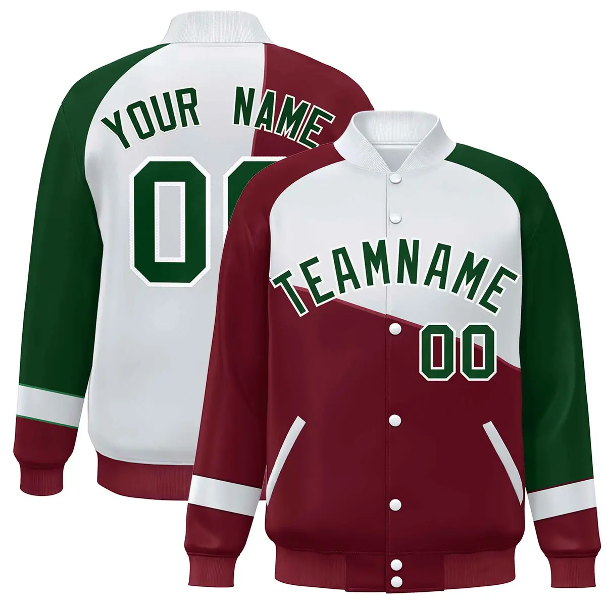 Crimson White-Green Color Block Varsity Full-Snap Baseball Jacket