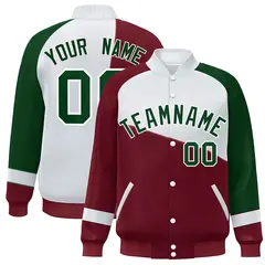 Crimson White-Green Color Block Varsity Full-Snap Baseball Jacket 1