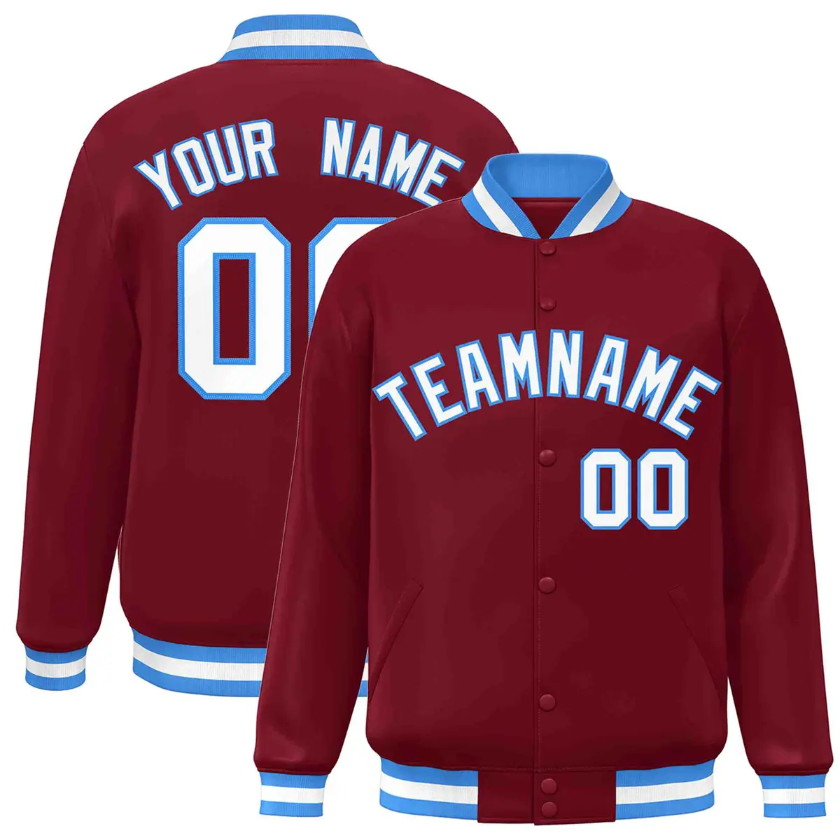 Crimson White-Powder Blue Varsity Full-Snap Letterman Jacket