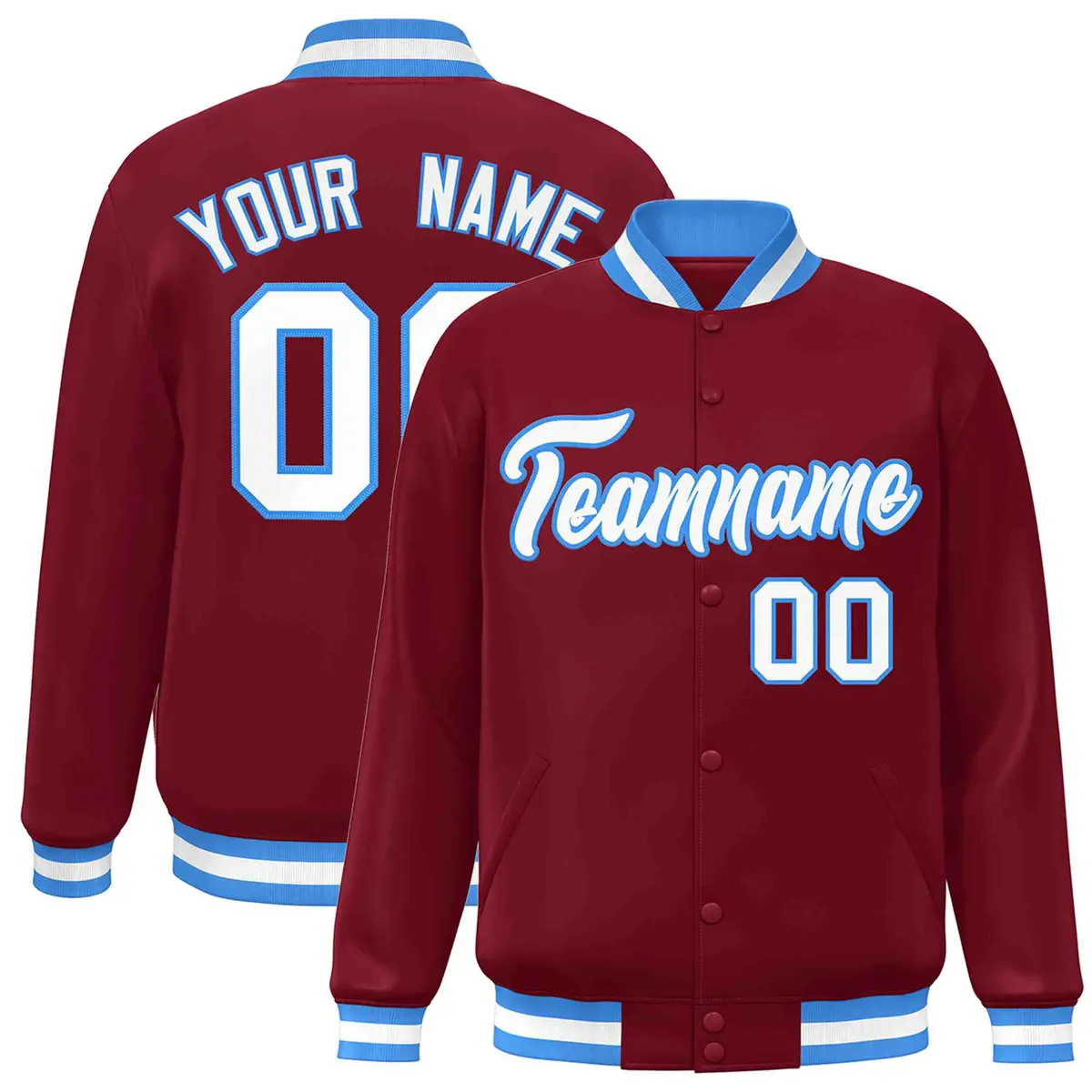 Crimson White-Powder Blue Varsity Full-Snap Letterman Jacket