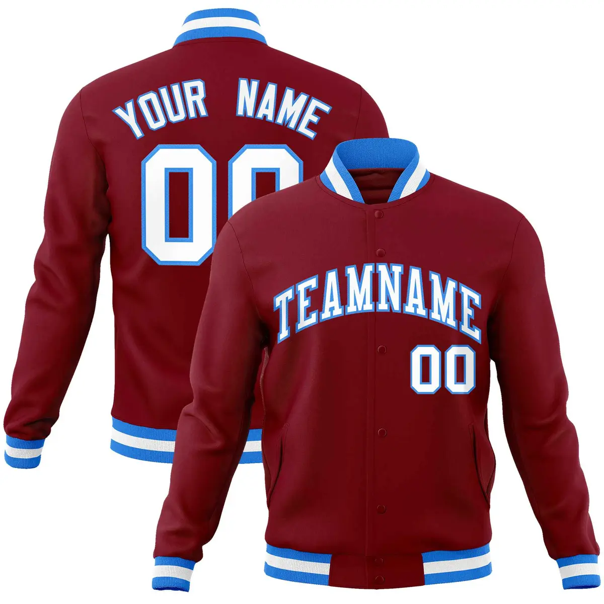 Crimson White-Powder Blue Varsity Full-Snap Letterman Jacket