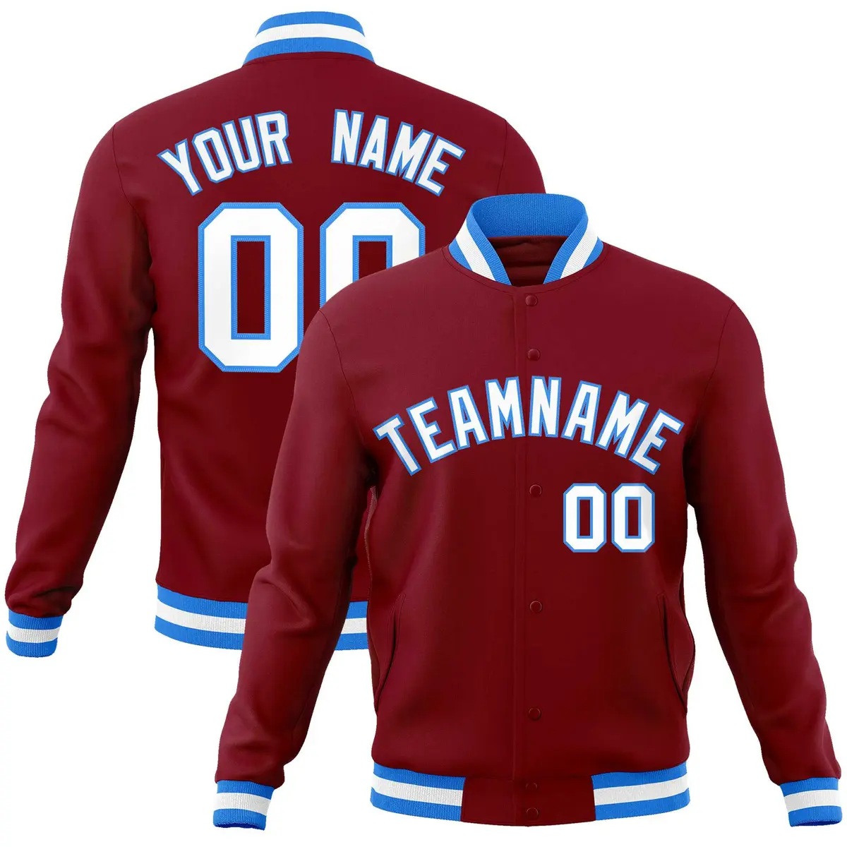 Crimson White-Powder Blue Varsity Full-Snap Letterman Jacket