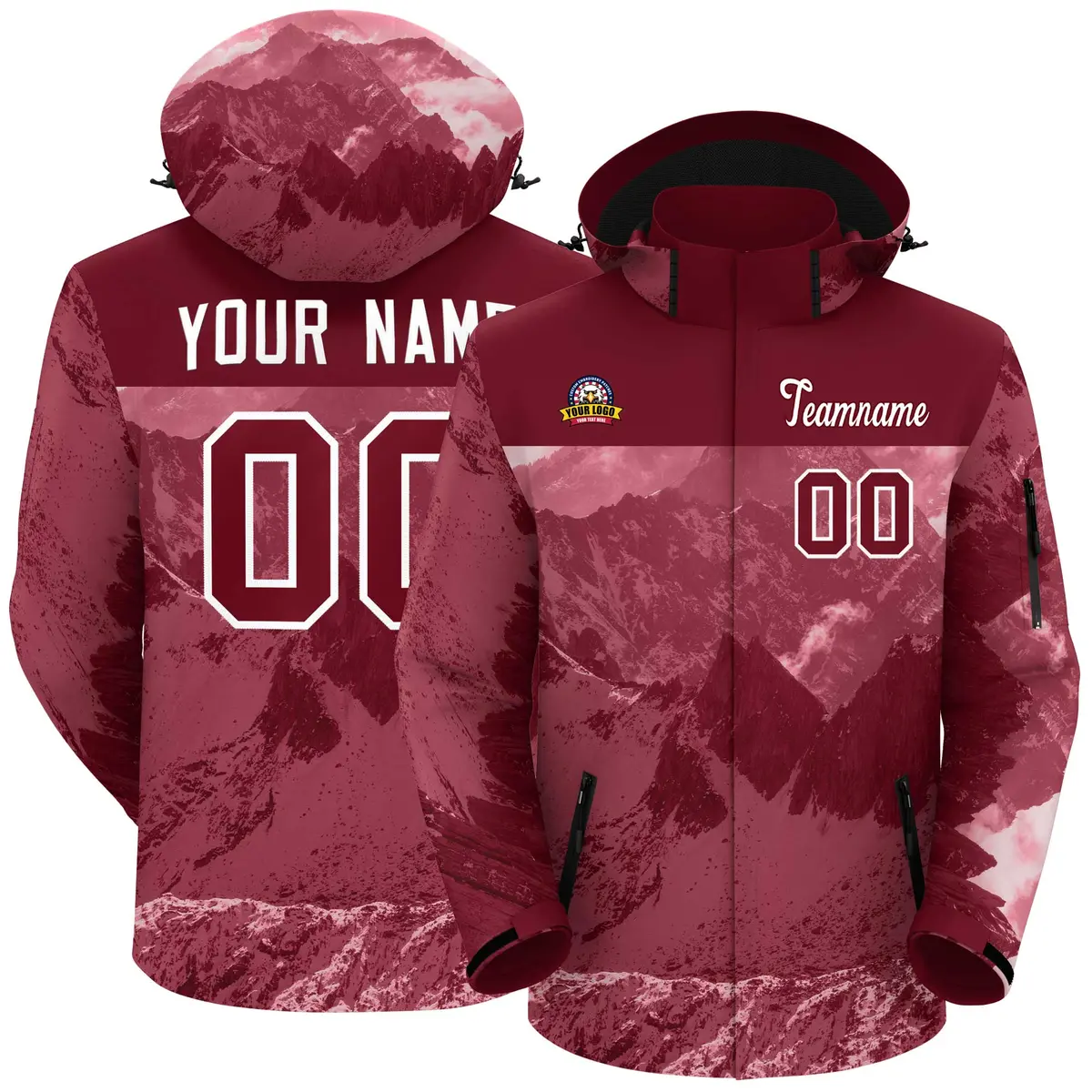 Crimson White Snow Mountain Graffiti Hooded Waterproof Jacket
