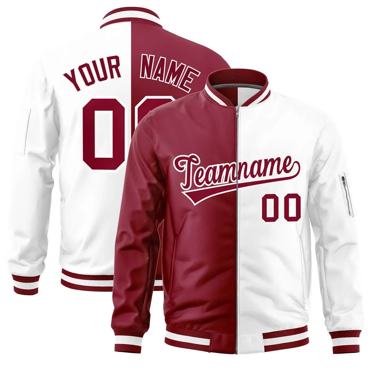 Crimson White Split Varsity Full-Zip Letterman Bomber Jacket