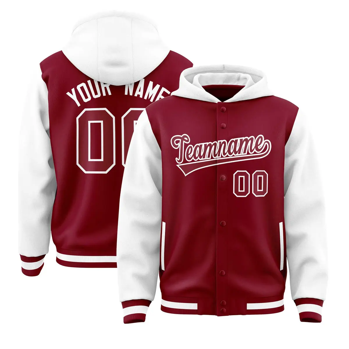 Crimson White Two Tone Raglan Sleeves Varsity Full-Snap Letterman Jacket Hoodie