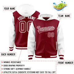 Crimson White Two Tone Raglan Sleeves Varsity Full-Snap Letterman Jacket Hoodie 4