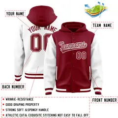 Crimson White Two Tone Raglan Sleeves Varsity Full-Snap Letterman Jacket Hoodie 4
