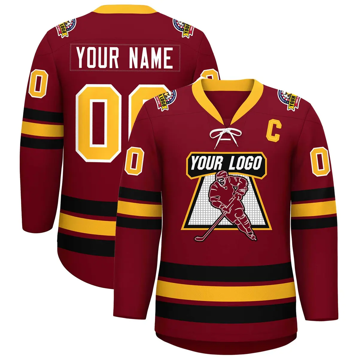 Crimson Yellow-Black Lace-Up Neck Hockey Jersey