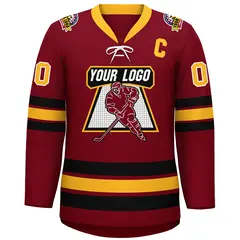 Crimson Yellow-Black Lace-Up Neck Hockey Jersey 3