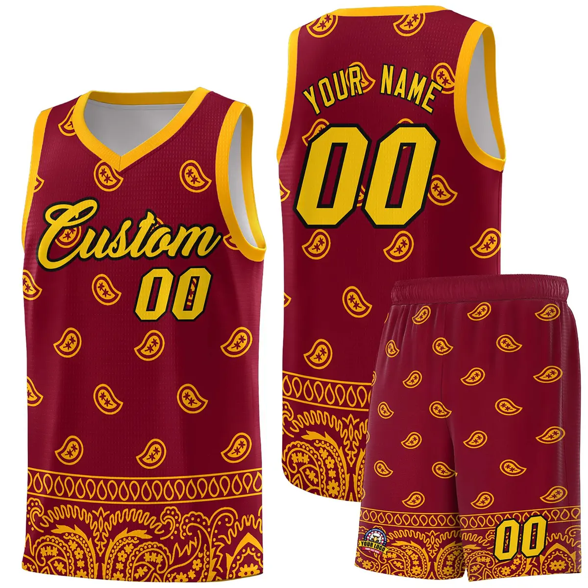 Crimson Yellow Cashew Pattern Basketball Uniform Jersey