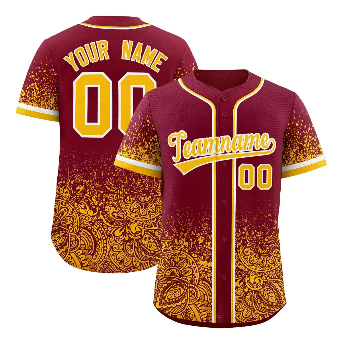 Crimson Yellow Floral Gradient Full Button Baseball Jersey