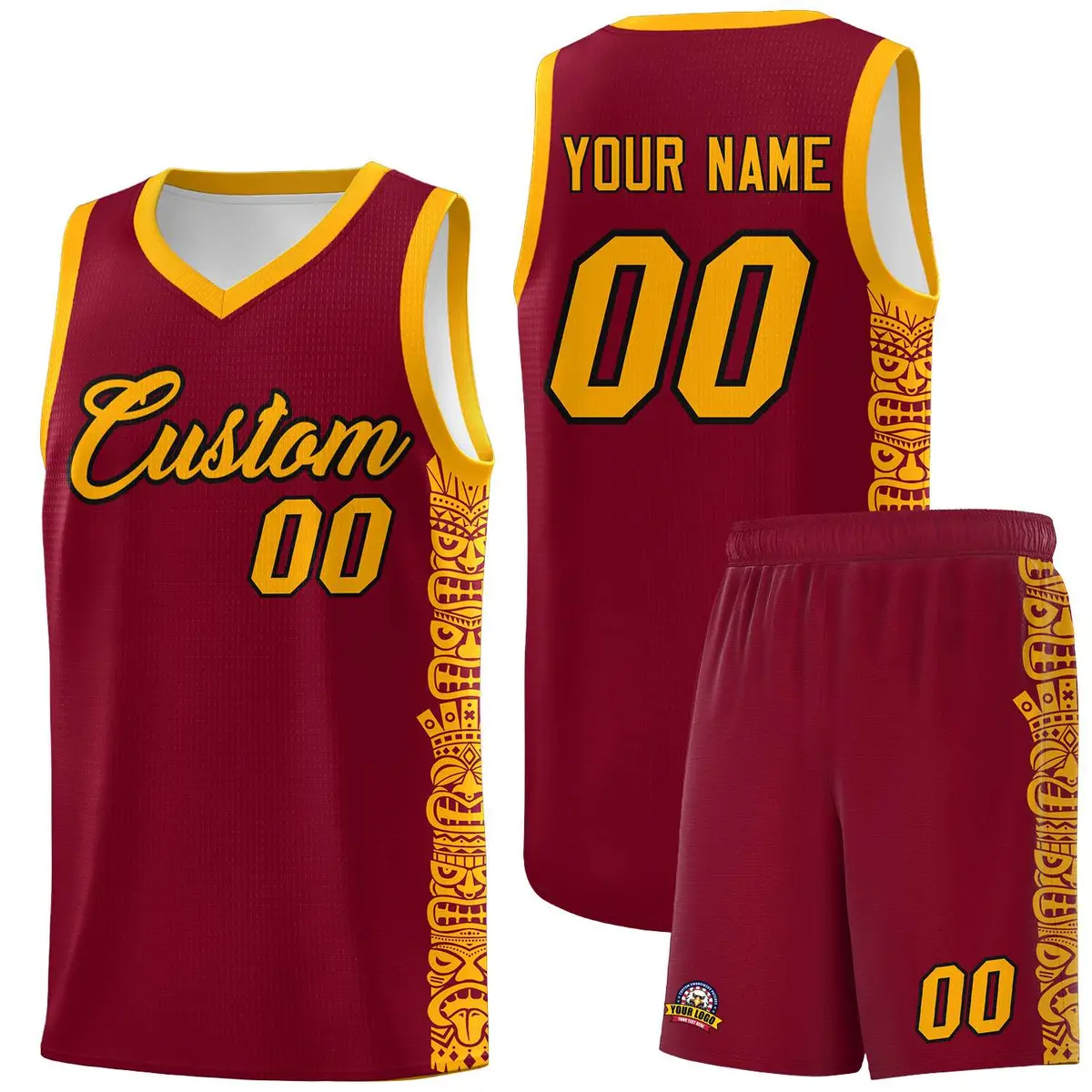 Crimson Yellow Indians Pattern Basketball Uniform Jersey