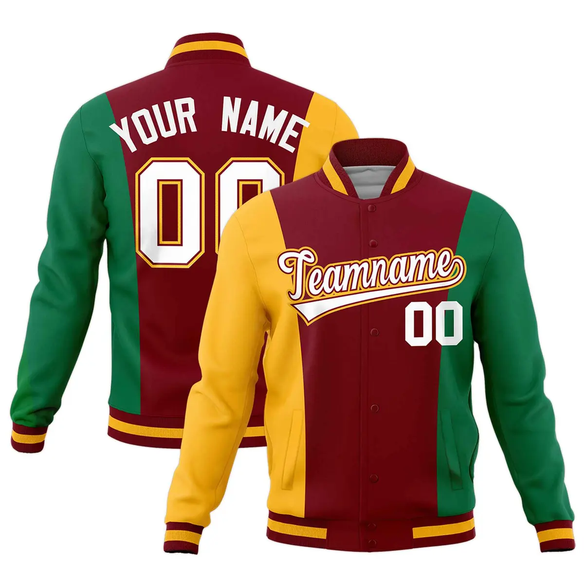 Crimson Yellow Kelly Green Three Color Block Varsity Letterman Jacket