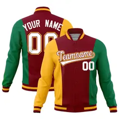 Crimson Yellow Kelly Green Three Color Block Varsity Letterman Jacket 1
