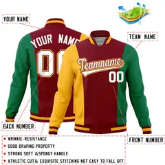 Crimson Yellow Kelly Green Three Color Block Varsity Letterman Jacket 2