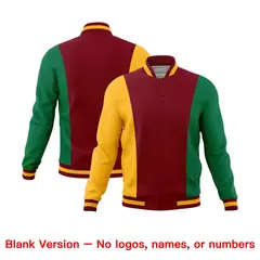 Crimson Yellow Kelly Green Three Color Block Varsity Letterman Jacket 7