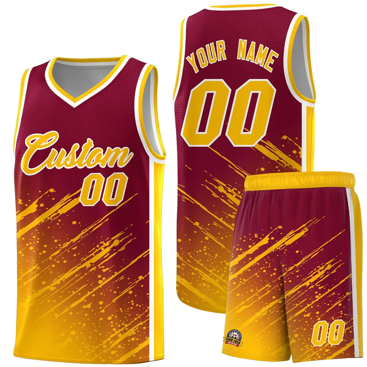Crimson Yellow Splash Basketball Kits with Tackle Twill