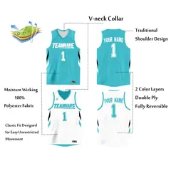 Custom Aqua White Double Side Athletic Basketball Jersey 4