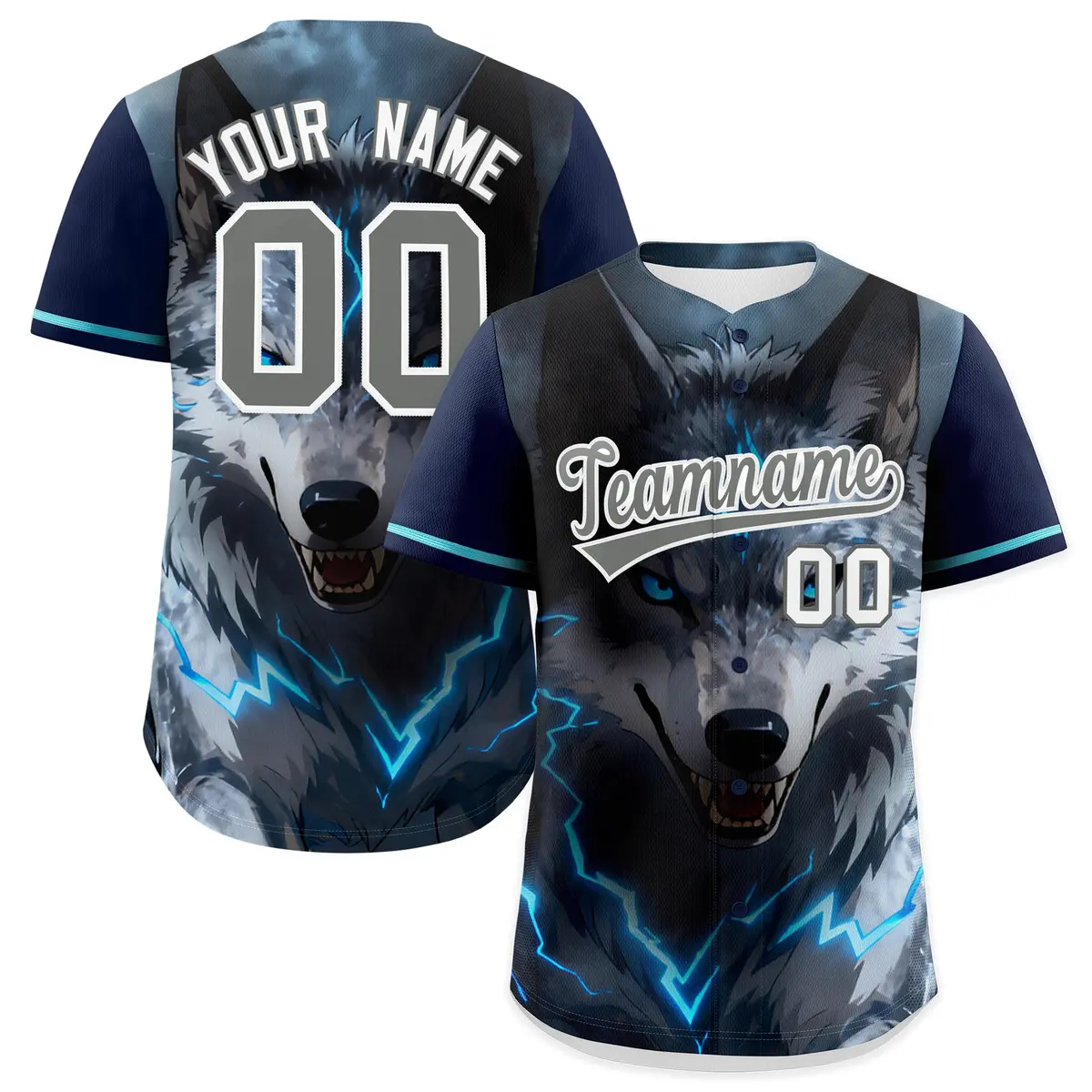 Dark Blue Gray White Wolf Graffiti Baseball Jersey