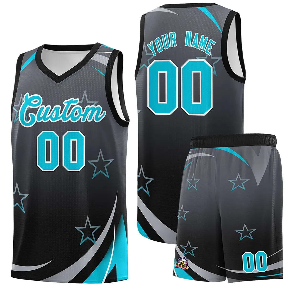 Dark Gray Black Gradient Star Graffiti Basketball Jersey