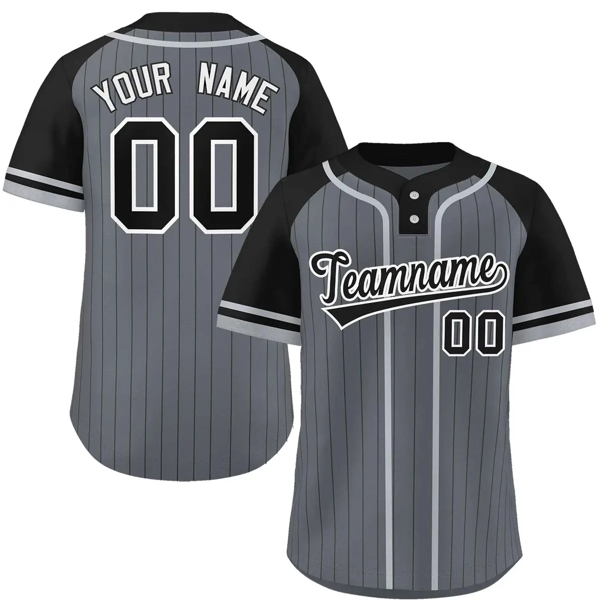 Dark Gray Black-Gray Stripe Raglan Sleeves Two-Button Softball Jersey