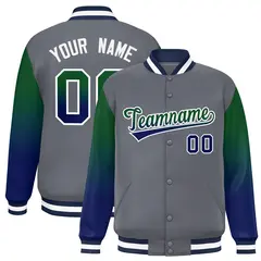 Dark Gray Green-Navy Gradient Varsity Full-Snap Raglan Baseball Jacket